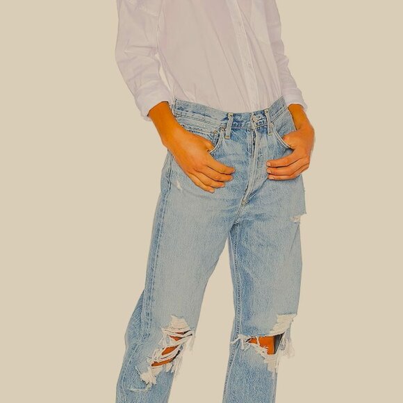 AGOLDE 90'S MIDRISE SIZE 26 MEDIUM COLOR DENIM DISTRESSED AT KNEES AND REAR - Picture 1 of 6